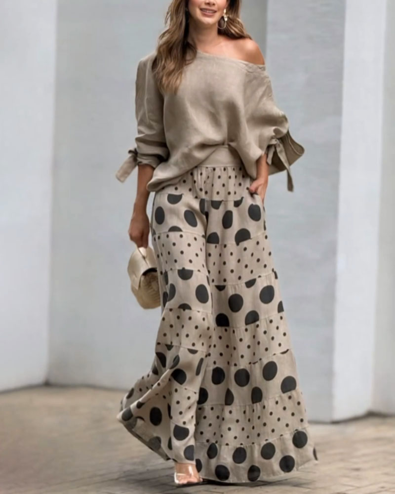 Samantha Casual Shoulder Top & Printed Pants Set