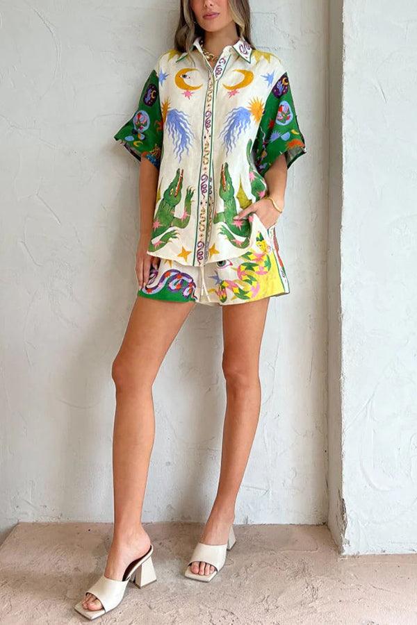 Heavenly Print Blouse and Pocketed Shorts Set