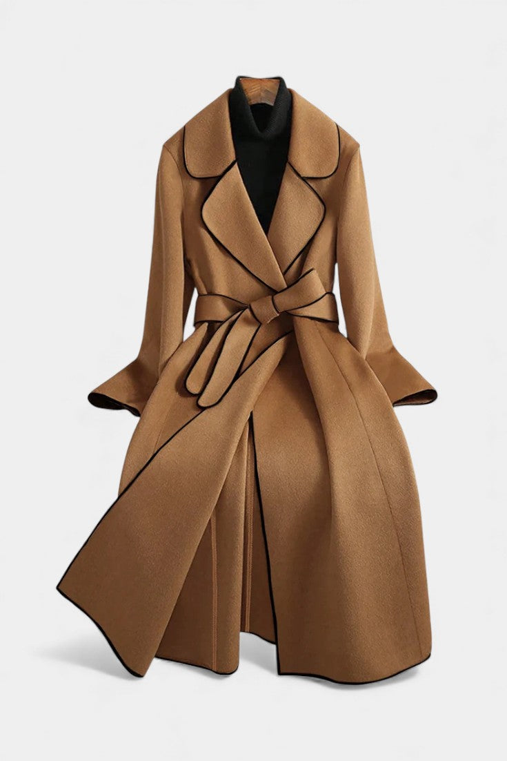 Flora Long Coat with Revers and Coloured Belt
