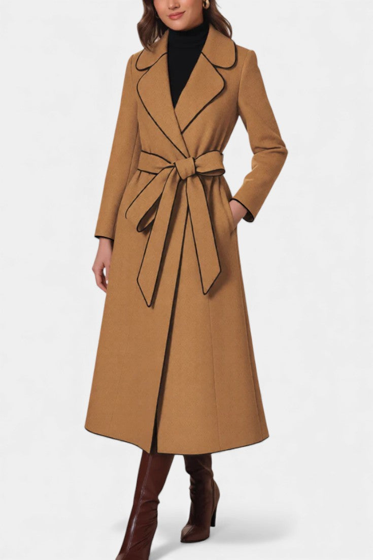 Flora Long Coat with Revers and Coloured Belt