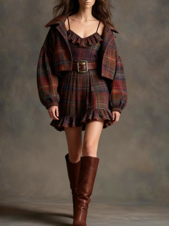 Lila Vintage Plaid Ruffle Mini Dress Set