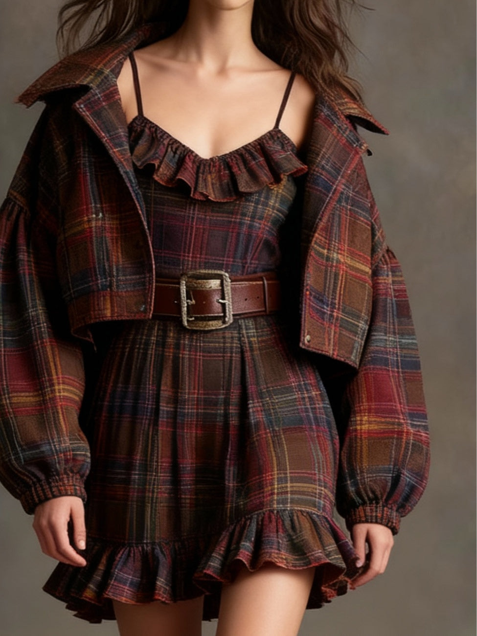 Lila Vintage Plaid Ruffle Mini Dress Set