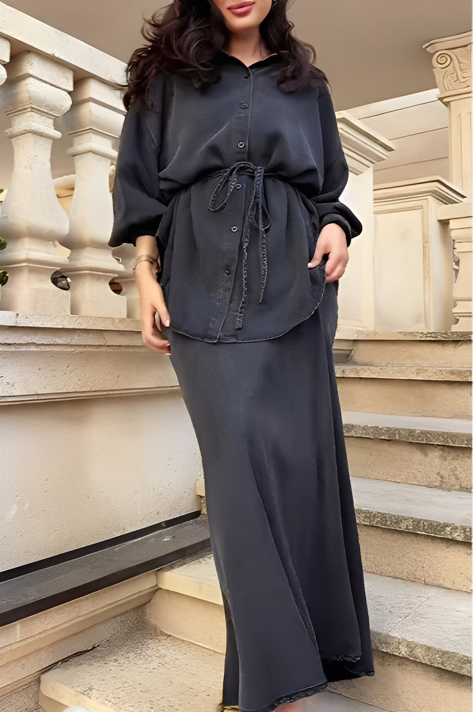 Samantha Tie-Drawstring Shirt and Skirt Set